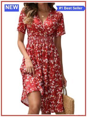 HEBELD Women's Midi Summer Dress A-Line V-Neck Smocked Waist Pockets